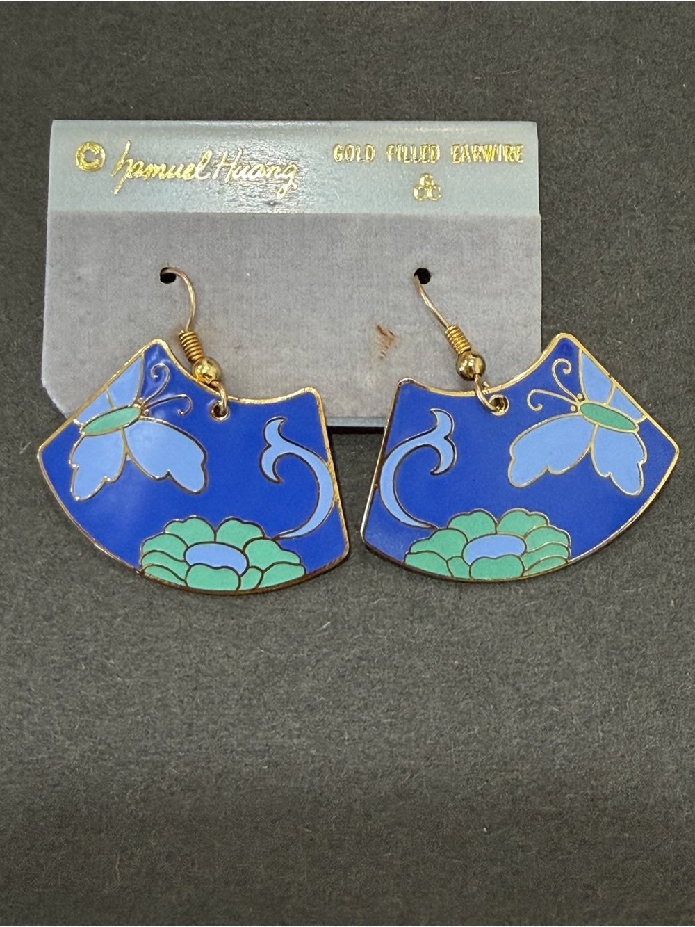 NWT Cloisonne Blue Enamel Butterfly Fan Earrings - Gold Filled Samuel Huang